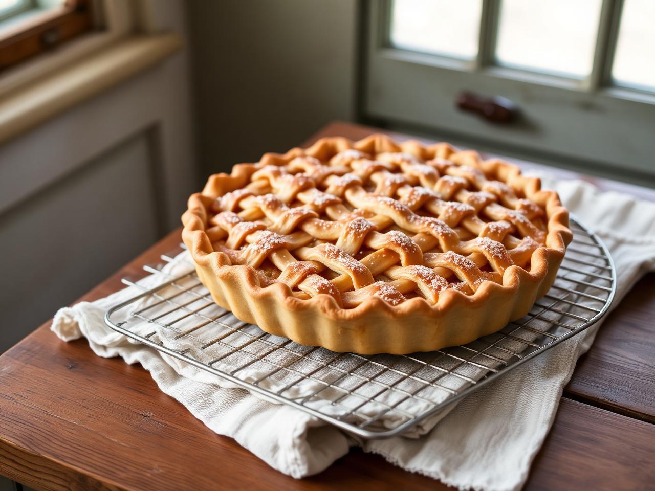 Golden lattice apple pie on a cooling rack