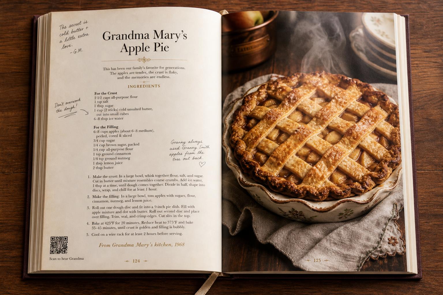 Open cookbook spread with printed recipe and a QR code