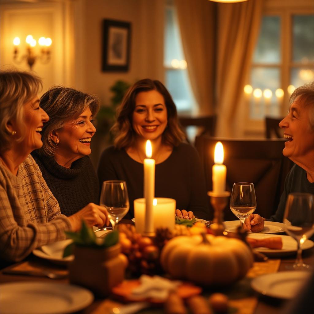 Three generations laughing around a candlelit dinner