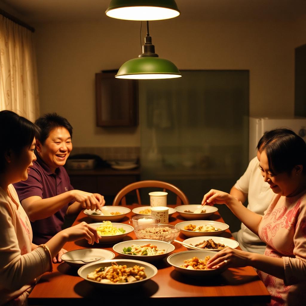 Three generations laughing around a candlelit dinner