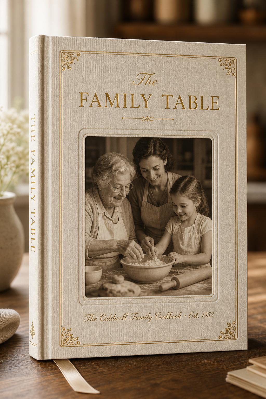 Hardcover linen family cookbook with gold embossed title