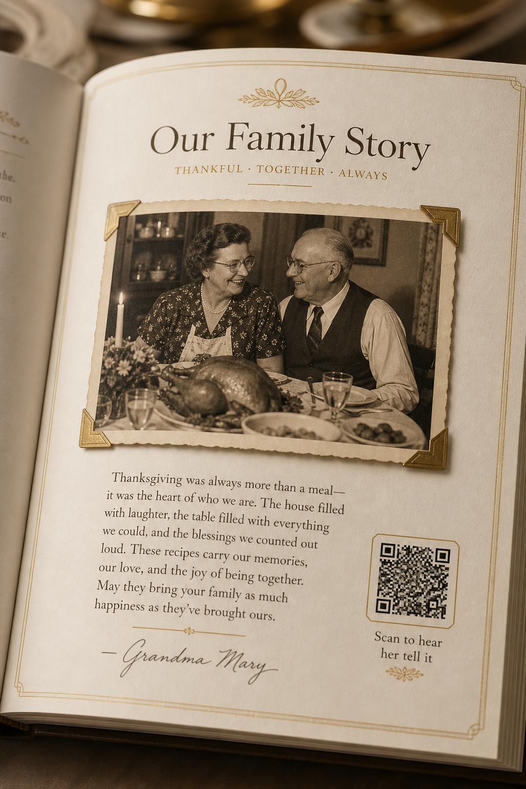 A hand holding a phone scanning a QR code inside the cookbook